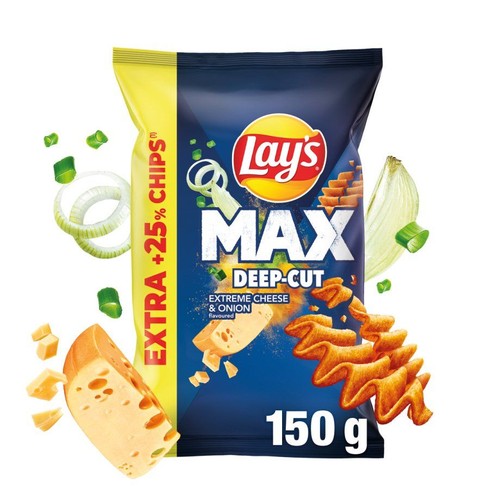 Granatowo-żółta paczka Lay's Max Deep-Cut, smak ser i cebula, 150 g. Na etykiecie napis "EXTRA +25% CHIPS".