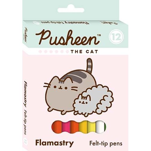 Różowe opakowanie flamastrów Pusheen The Cat, zawierające 12 sztuk. Na froncie pudełka znajduje się ilustracja szarego kota Pusheen leżącego obok mniejszego, białego, puszystego kota. Poniżej widoczne są kolorowe końcówki flamastrów.