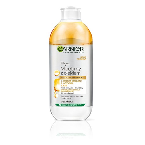 Garnier Skin Naturals Płyn Micelarny z olejkiem, nowa formuła. Dwufazowy płyn do demakijażu wodoodpornego. Usuwa makijaż, odżywia i koi skórę twarzy, oczu i ust. Hipoalergiczny, testowany dermatologicznie i okulistycznie. Wegański.