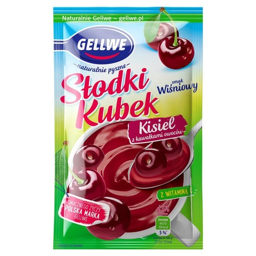 Opakowanie kisielu Gellwe Słodki Kubek, smak wiśniowy, z kawałkami owoców.