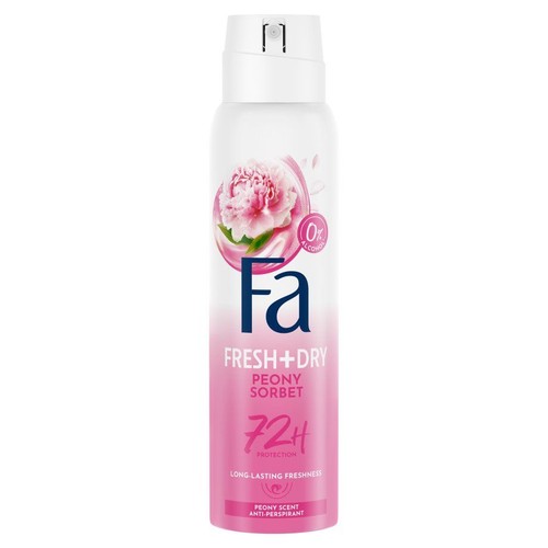 Dezodorant Fa Fresh+Dry Peony Sorbet. Biała puszka z różową grafiką piwonii, zapewnia 72h długotrwałej świeżości.
