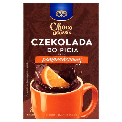 Opakowanie czekolady do picia Kruger Choco delissia z 8 saszetkami. Smak pomarańczowy, o obniżonej zawartości tłuszczu. Na opakowaniu widnieje propozycja podania: pomarańczowy kubek z czekoladą i kawałkiem pomarańczy.