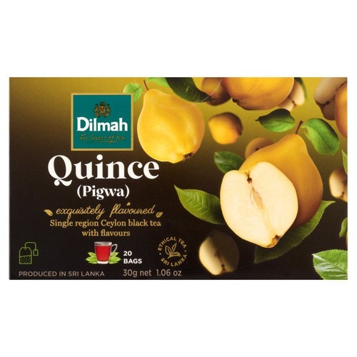 Opakowanie herbaty Dilmah Quince (Pigwa). Czarna herbata cejlońska, 20 torebek, 30g. Z grafiką pigw.
