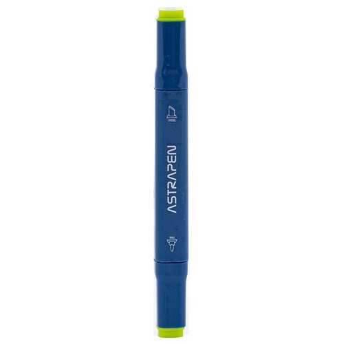 Pionowo ustawiony, dwustronny marker ASTRAPEN w kolorze ciemnoniebieskim. Posiada dwie końcówki: jedną ściętą (dłuto) i drugą cienką, co jest oznaczone ikonami na obudowie. Końcówki markera są w jaskrawym, limonkowo-zielonym kolorze.