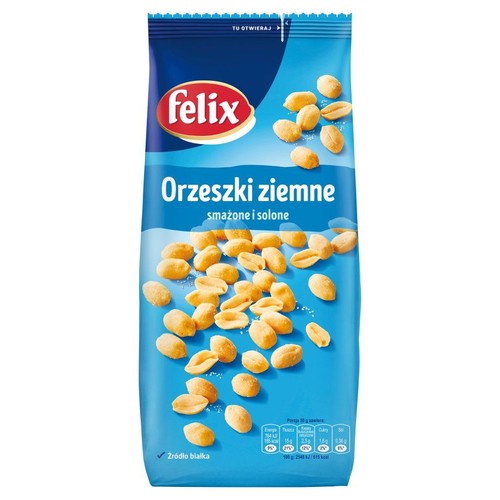 Opakowanie orzeszków ziemnych Felix, smażonych i solonych. Niebieskie tło z grafiką rozsypanych orzeszków.