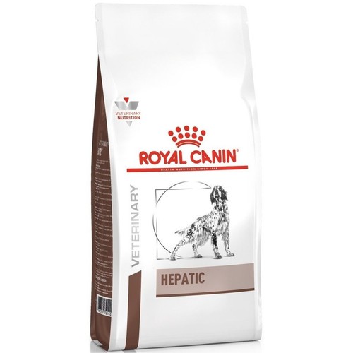 Opakowanie karmy weterynaryjnej Royal Canin Hepatic dla psów. Biała torba z brązowymi bokami i logo marki.