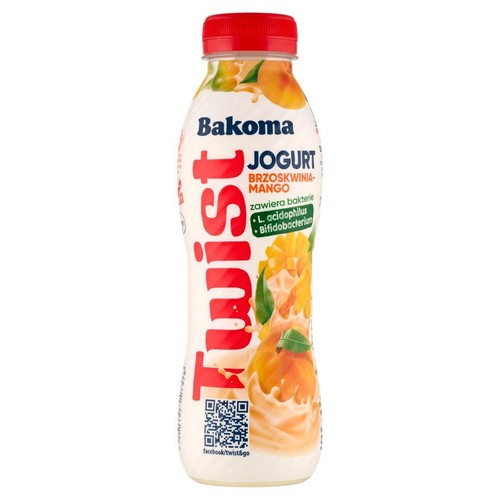 Butelka jogurtu Bakoma Twist o smaku brzoskwinia-mango. Biała etykieta z grafiką owoców i czerwonym napisem "Twist". Czerwona zakrętka.