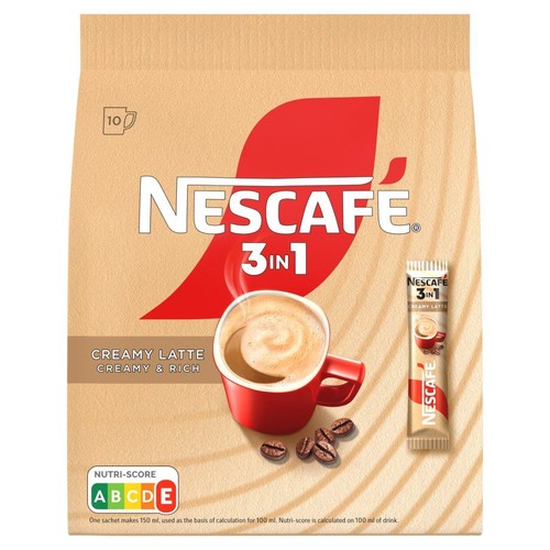Opakowanie Nescafé 3w1 Kremowe Latte, 10 sztuk. Produkt opisany jako kremowy i bogaty w smaku.