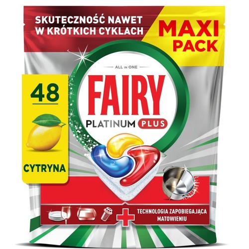 Opakowanie Fairy Platinum Plus, 48 tabletek do zmywarki o zapachu cytrynowym. Skuteczność w krótkich cyklach.