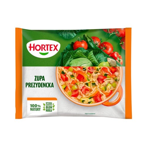 Opakowanie zupy Hortex Prezydencka. Zielono-pomarańczowa saszetka z grafiką kapusty, pomidorów i miski zupy warzywnej.