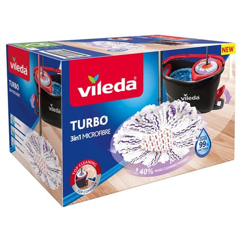 Opakowanie Vileda Turbo 3w1 Microfibre z mopem i wiadrem. Na pudełku widoczny czarny kubeł z czerwonym wyciskaczem i biało-fioletowy mop.