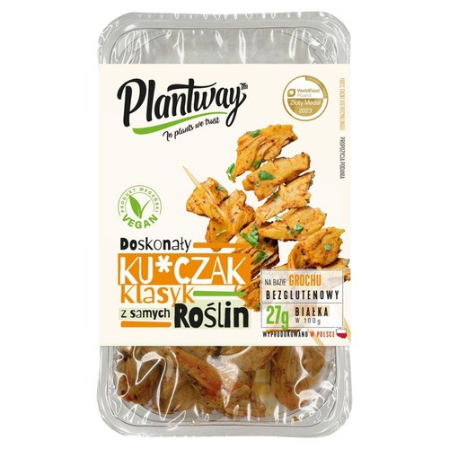 Plantway Roślinny Kurczak Klasyk 160g. Przezroczysta tacka z etykietą, prezentująca wegański produkt na bazie grochu.