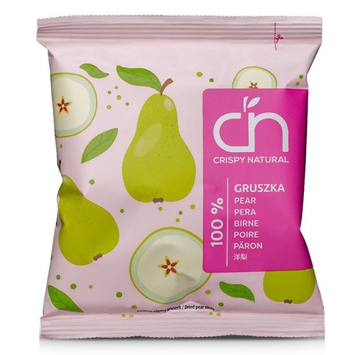 Opakowanie Crispy Natural, suszone plastry gruszek. Różowe tło z ilustracjami zielonych gruszek i napisem "100%".