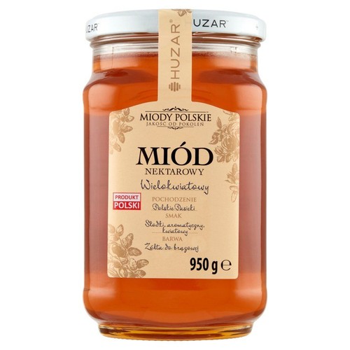 Słoik miodu nektarowego wielokwiatowego marki Huzar, 950 g. Produkt Polski z Polskich Pasiek. Miód o słodkim, aromatycznym, kwiatowym smaku. Etykieta z napisem "Miody Polskie Jakość od pokoleń".