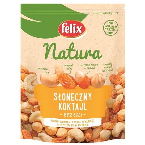 Opakowanie stojące Felix Natura Słoneczny Koktajl. Mieszanka orzechów nerkowca, złotych rodzynek, orzeszków ziemnych w karmelu i orzechów laskowych bez skórki. Produkt bez soli, źródło błonnika i tłuszczów nienasyconych.