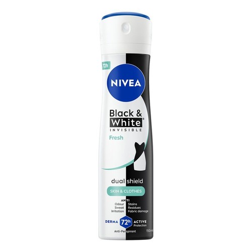 Puszka antyperspirantu NIVEA Black & White Invisible Fresh, 150 ml. Ma biało-czarny design z niebieskim logo NIVEA.
