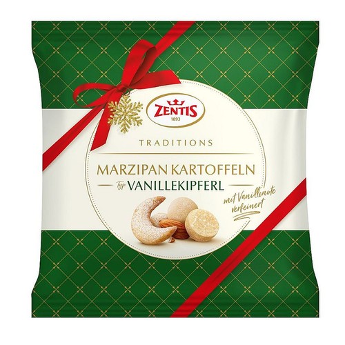 Opakowanie Zentis Traditions Marcepanowych Ziemniaczków z nutą wanilii. Produkt typu Waniliowe Rogaliki. Na etykiecie grafika przedstawiająca marcepanowe ziemniaczki, waniliowe rogaliki i migdały. Zielone tło z czerwoną wstążką.