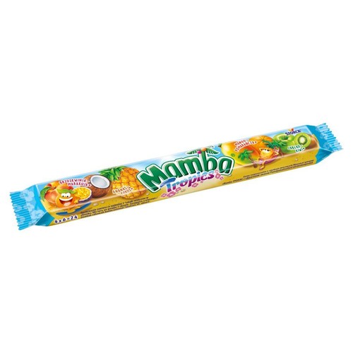 Produkt Mamba Tropics, owocowe cukierki do żucia. Opakowanie przedstawia grafiki owoców odpowiadających smakom: mango-marakuja, ananas-kokos oraz jabłko-kiwi. Całość w podłużnym, kolorowym opakowaniu.