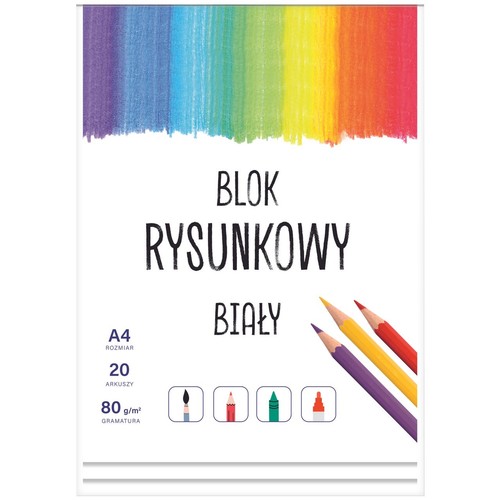Okładka bloku rysunkowego A4 z białymi kartkami. Blok ma 20 arkuszy o gramaturze 80 g/m². Górna część okładki ozdobiona jest tęczowym wzorem. W prawym dolnym rogu widoczne są trzy kredki, a na dole ikony narzędzi plastycznych.