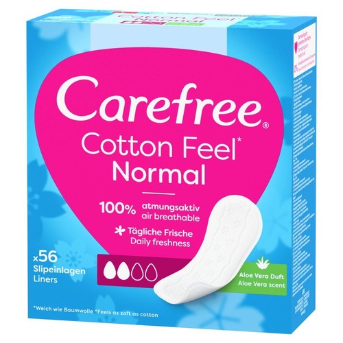 Opakowanie 56 wkładek Carefree Cotton Feel Normal. Zapewniają codzienną świeżość, są oddychające i miękkie.