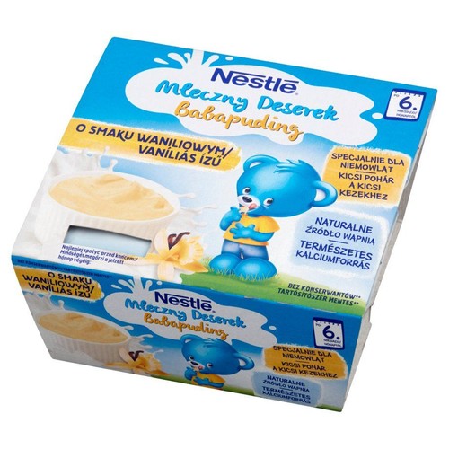 Nestle Mleczny Deserek Babapuding waniliowy. Opakowanie z miseczką budyniu i niebieskim misiem. Dla niemowląt od 6. miesiąca.