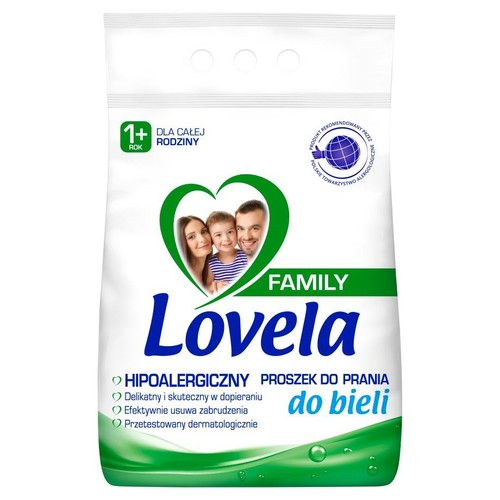 Białe opakowanie proszku Lovela Family do prania bieli. Hipoalergiczny, dla całej rodziny od 1 roku życia. Rekomendowany przez PTA.