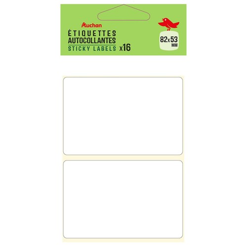 Zestaw 16 białych etykiet samoprzylepnych Auchan o wymiarach 82x53 mm. Opakowanie z zielonym tłem i czerwonym ptakiem.