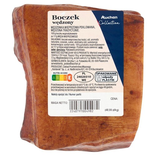 Produkt wieprzowy: boczek wędzony Auchan Collection, bez kości, z naturalnymi aromatami.