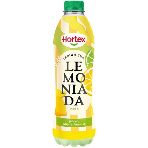 Plastikowa butelka lemoniady Hortex "lemon sun". Etykieta w odcieniach żółci i zieleni, z grafiką plasterków cytryny i limonki oraz napisem "Lemoniada napój". Smak jabłko, cytryna, limonka. Butelka ma zieloną zakrętkę.