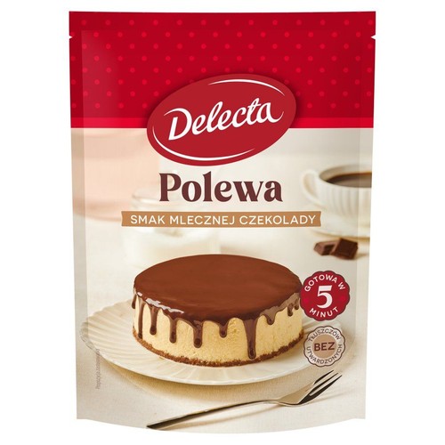 Opakowanie polewy Delecta, smak mlecznej czekolady. Na grafice tort z polewą i filiżanka kawy. Bez tłuszczów utwardzonych.