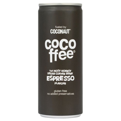 Ciemna puszka COCOffee, wegański napój kawowy o smaku espresso. Bez glutenu i konserwantów.