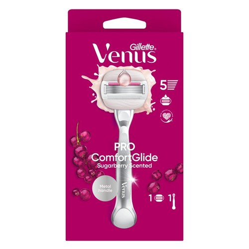 Maszynka Gillette Venus Pro ComfortGlide o zapachu słodkich jagód. Posiada 5 ostrzy i metalową rączkę.