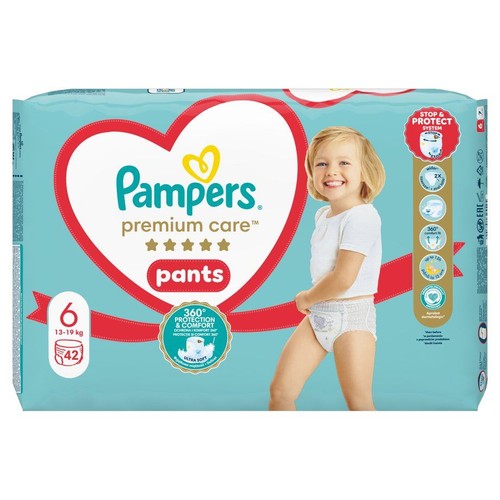 Pampers Premium Care Pants, rozmiar 6 (13-19 kg), 42 sztuki. Opakowanie z uśmiechniętym dzieckiem.