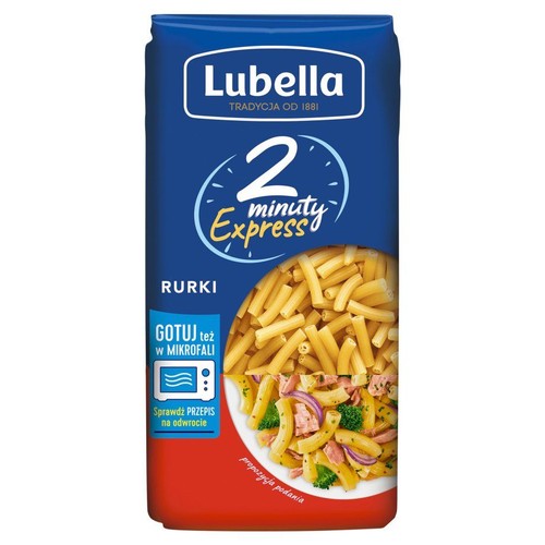 Opakowanie makaronu Lubella Rurki 2 minuty Express. Niebiesko-czerwone opakowanie z grafiką ugotowanego makaronu z warzywami.