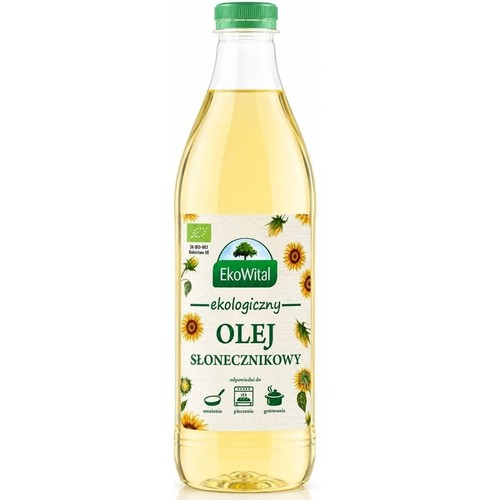 Butelka oleju słonecznikowego EkoWital, z zieloną zakrętką. Etykieta zawiera napis "ekologiczny olej słonecznikowy", logo marki z drzewem oraz ilustracje słoneczników. Wskazano, że produkt nadaje się do smażenia, pieczenia i gotowania.