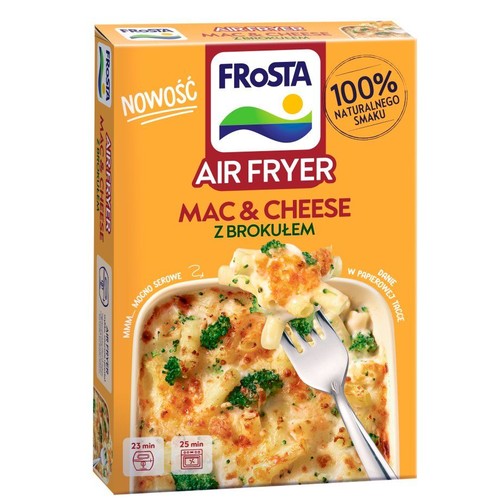 Frosta Mac & Cheese z brokułem do frytkownicy beztłuszczowej. Na opakowaniu danie makaronowe z serem. 100% naturalnego smaku.