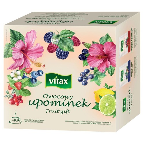 Vitax Owocowy Upominek, 40 herbatek owocowo-ziołowych w kopertkach. Grafika z malinami, borówkami, truskawkami, cytryną i limonką.