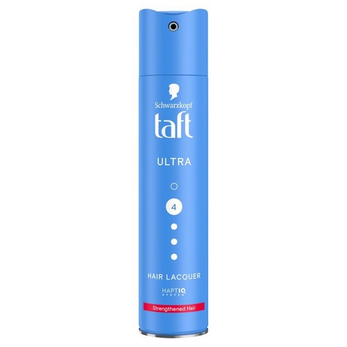 Schwarzkopf Taft Ultra, lakier do włosów w niebieskim sprayu. Poziom utrwalenia 4, dla wzmocnionych włosów.