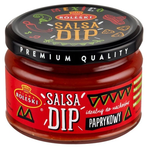 Roleski Salsa Dip Paprykowy w szklanym słoiku. Na wieczku napis "Premium Quality" i motywy meksykańskie.