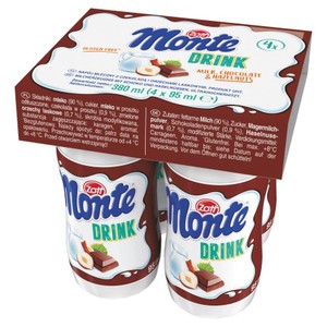 Monte Napój mleczny z czekoladą i orzechami laskowymi  Zott 4 x 95 ml