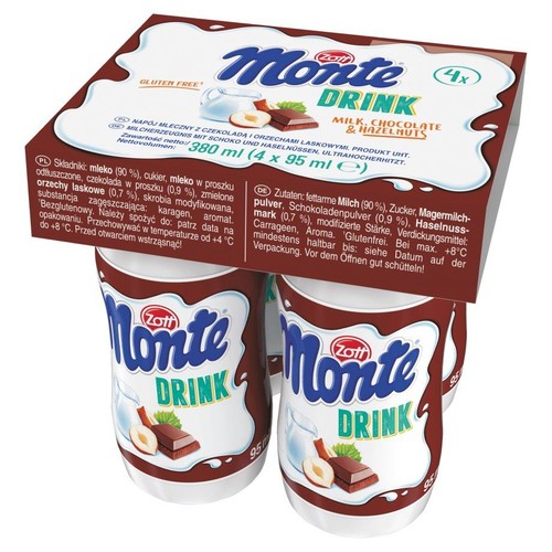 Monte Napój mleczny z czekoladą i orzechami laskowymi  Zott 4 x 95 ml
