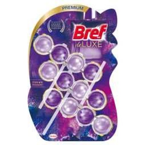 Opakowanie Bref Luxe Premium z dwunastoma żelowymi kulkami w odcieniach fioletu i srebra. Produkt do czyszczenia toalet.