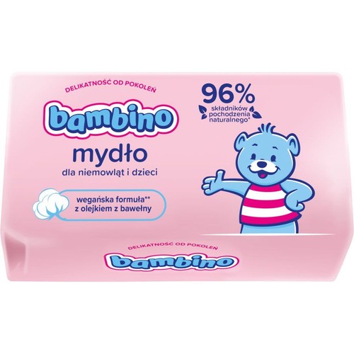 Bambino mydło 90g dla dzieci. Różowe opakowanie z grafiką niebieskiego misia. Wegańska formuła z olejkiem bawełnianym.