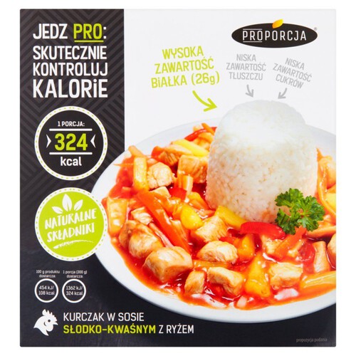 Kurczak w sosie słodko-kwaśnym z ryżem  Proporcja 300 g