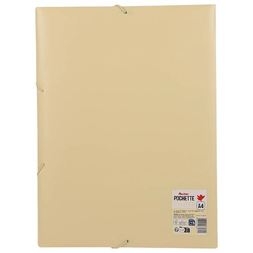 Beżowa teczka na dokumenty formatu A4, wykonana z tworzywa sztucznego. Posiada elastyczne gumki do zamykania, widoczne na górze, dole i z boku. Na etykiecie logo Auchan i napis "Pochette".