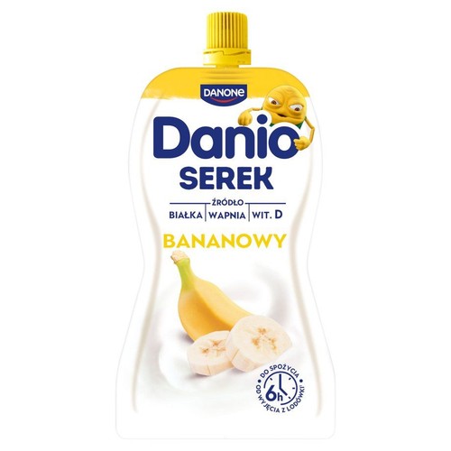 Opakowanie serka Danio Bananowy. Na etykiecie grafika banana i informacja o białku, wapniu, witaminie D.