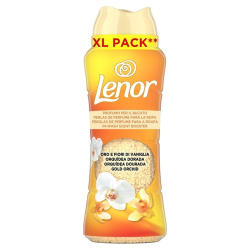Lenor Wzmacniacz zapachu do prania, perły zapachowe Złota Orchidea w opakowaniu XL. Butelka z widocznymi granulkami.