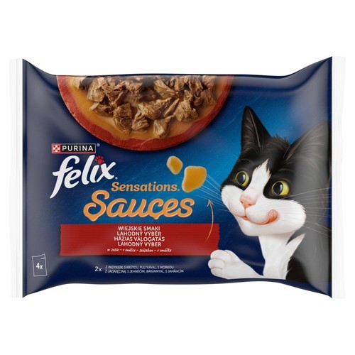 Granatowa torebka karmy Felix Sensations Sauces z grafiką kota liżącego się i kawałkami mięsa w sosie. Opakowanie zbiorcze 4x.