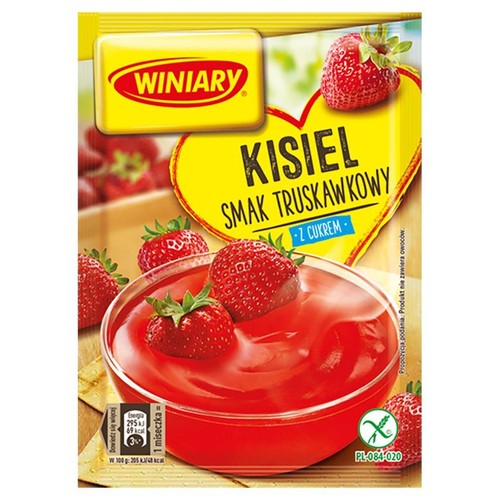 Opakowanie kisielu Winiary o smaku truskawkowym z cukrem. Na grafice miseczka czerwonego kisielu z truskawkami.