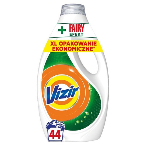 Płyn do prania Vizir z efektem Fairy, w białej butelce z zielono-pomarańczową etykietą. Opakowanie ekonomiczne XL na 44 prania.